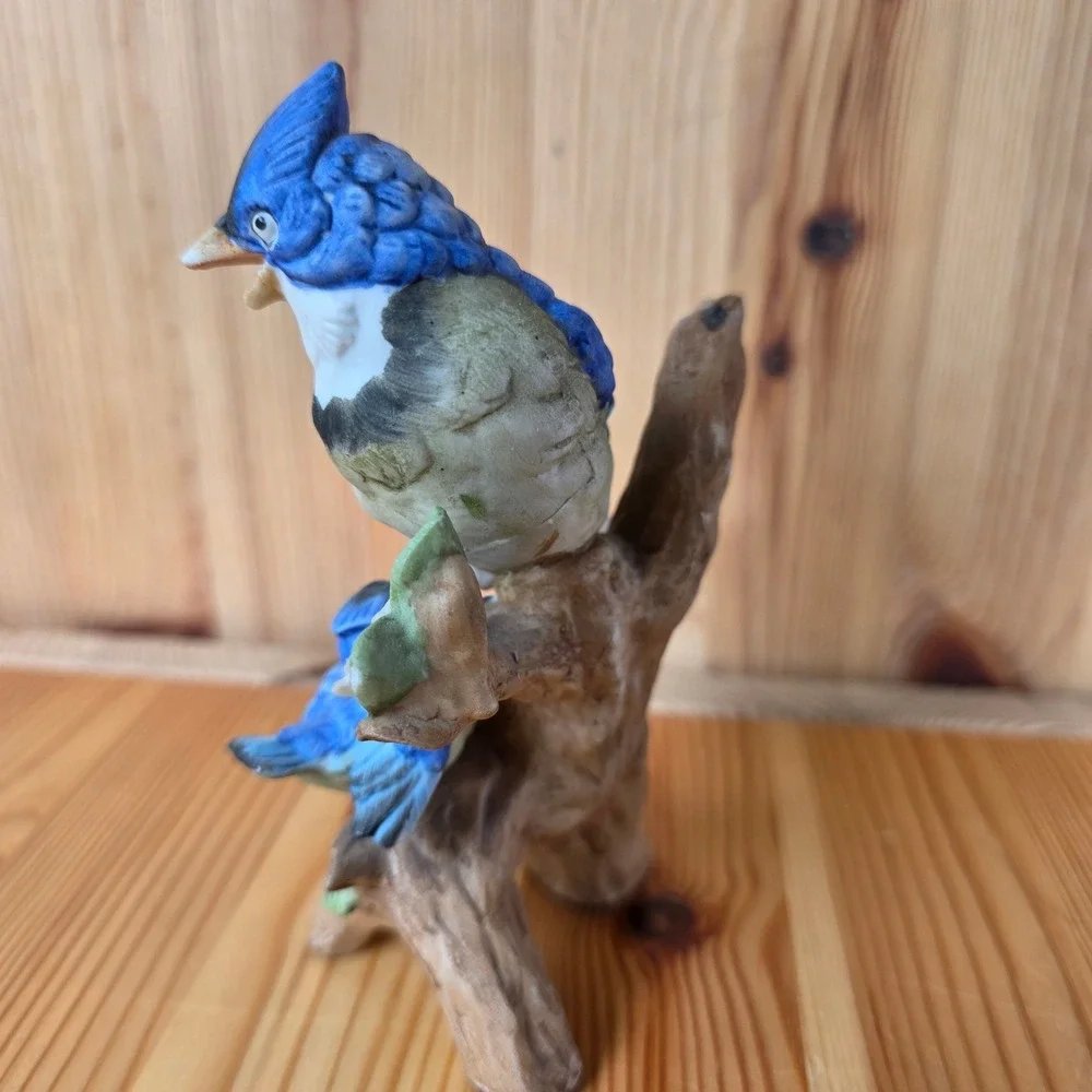Vintage Porcelain Blue Jay and Fledgling Bird Figurine on Branch with Flower